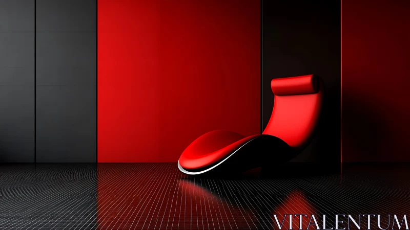 Red Sculptural Chair Against Contrasting Interior Spaces.