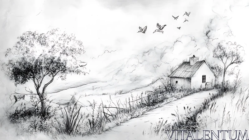 Lonely rural cottage sits beside winding country lane