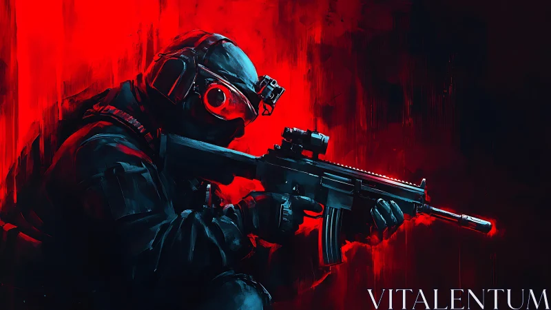 Tactical operator aims rifle against high-contrast red backdrop