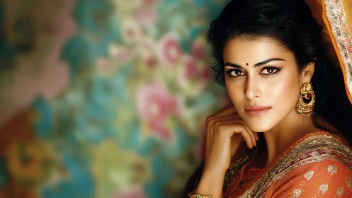 Portrait of woman in traditional attire against blurred floral backdrop