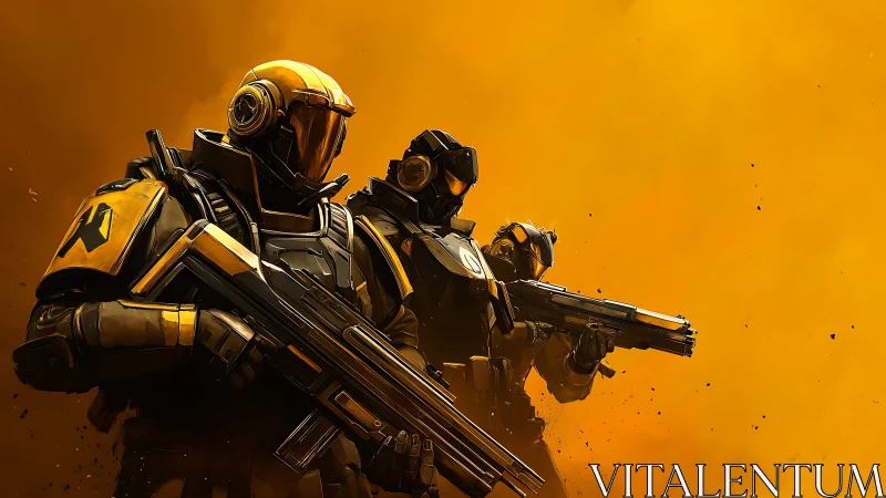 Armored sci fi soldiers with rifles in orange dust storm.