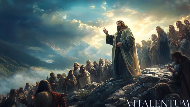 Christ-like teacher addresses gathered disciples on mountain ridge