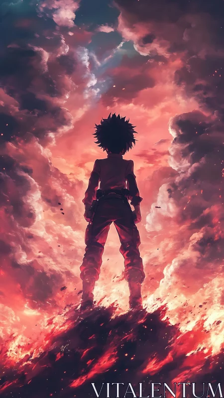 Lone anime hero stands against flaming storm clouds in sky.