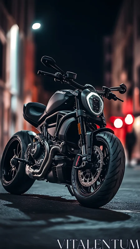 Sleek black street motorcycle waits under neon city lights