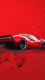 Red supercar drift on abstract splatter backdrop.