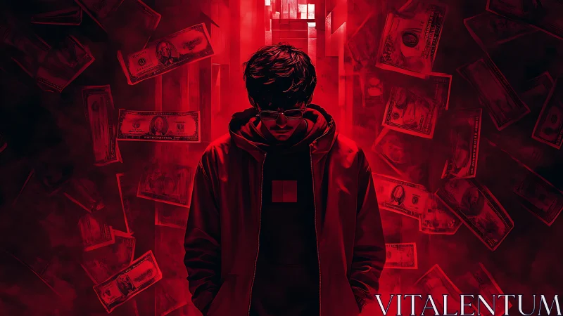 Hooded figure stands amid floating banknotes in red lighting
