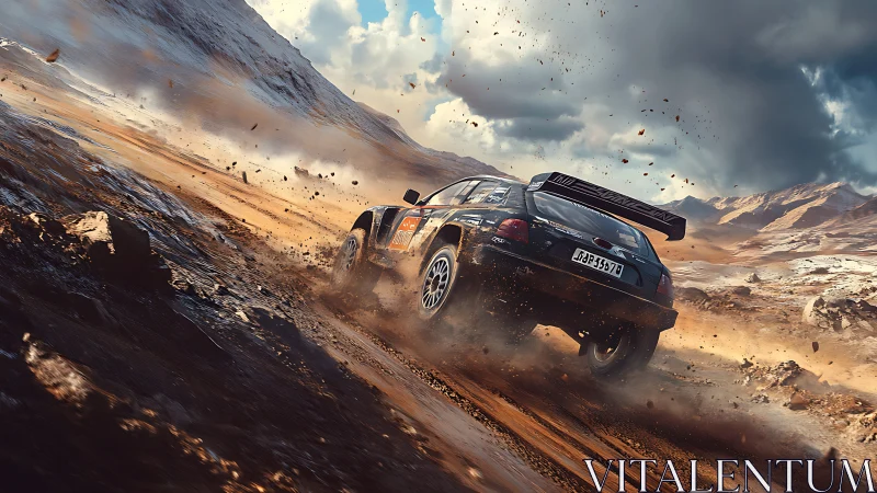 Desert rally car drifting through storm-swept canyon dust.