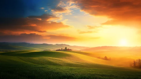 Sunrise over layered rural hills with distant farmhouse complex.
