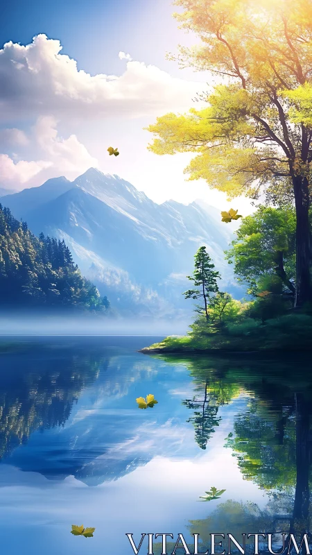 Mountain lake reflects trees and sky in calm daylight scene