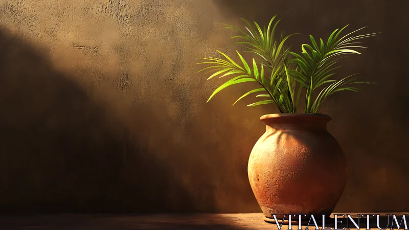 Terracotta pot with palm fronds in raking warm side light