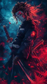 Anime swordsman amid dual-tone inferno and frost field.