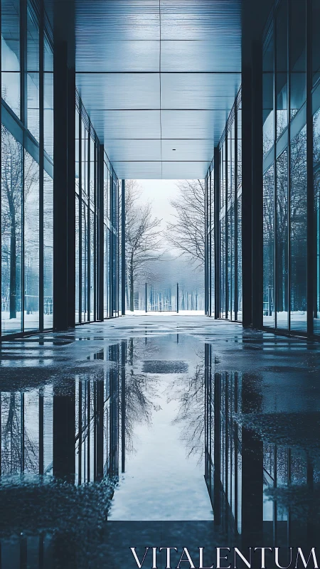 Symmetrical glass colonnade with winter reflections and vanishing point.