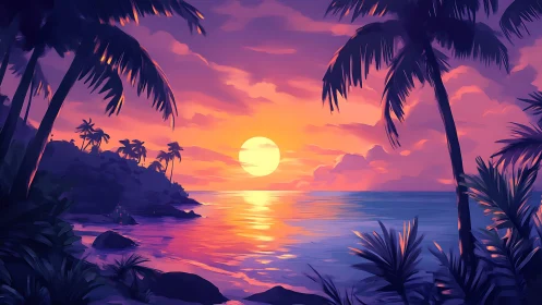 Tropical palm beach sunset with vivid orange sky reflection.