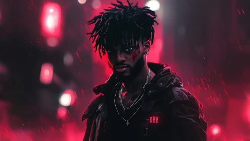 Neon‑lit antihero stands in rain-soaked cyber city glow