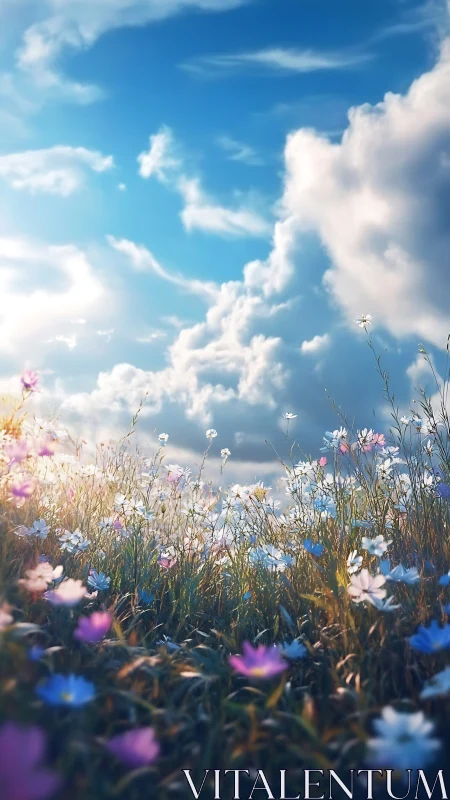 Wildflower meadow under luminous clouds and vibrant blue sky.
