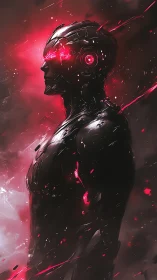 Side profile shows armored humanoid with red illuminated optics