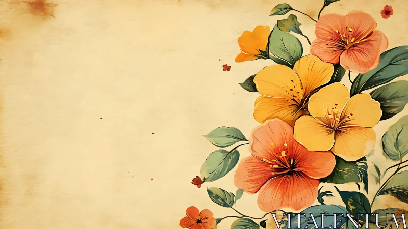 Sunlit hibiscus cascade on vintage parchment bloomscape.