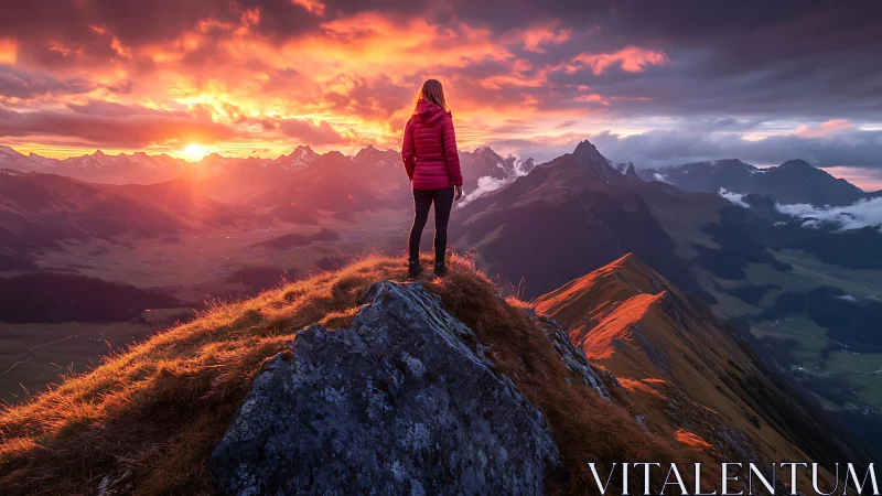 Person stands on mountain ridge at sunset observing distant peaks