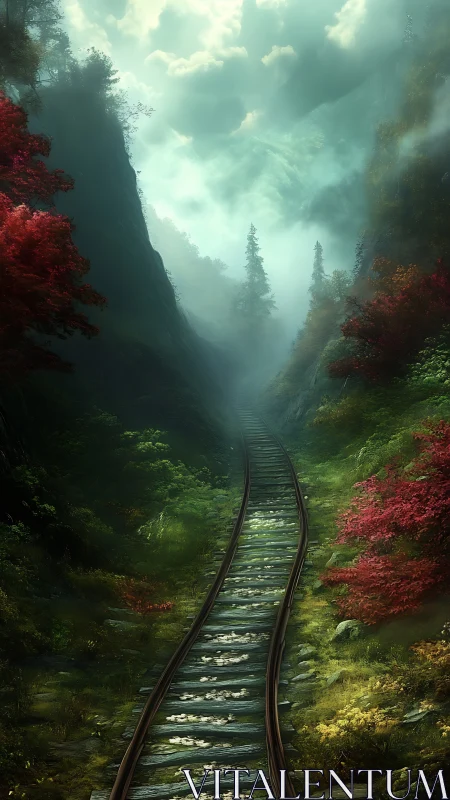 Mystical forest railway drifts into misty, dreamlike light