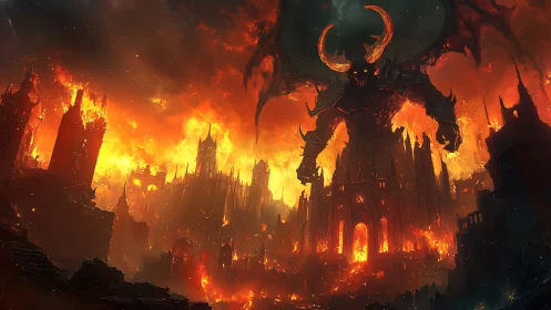 Infernal horned titan dominates burning gothic citadel.