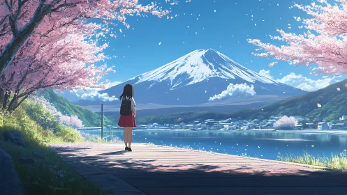Schoolgirl by lakeside path facing Mount Fuji in spring.