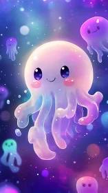 Cartoon jellyfish group in luminous gradient seascape.