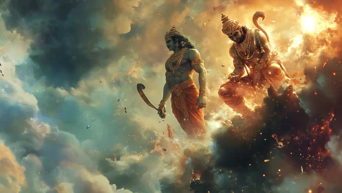 Epic celestial warriors stride through swirling fiery clouds