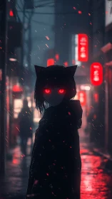 Cat-eared figure with glowing red eyes stands in rainy alley