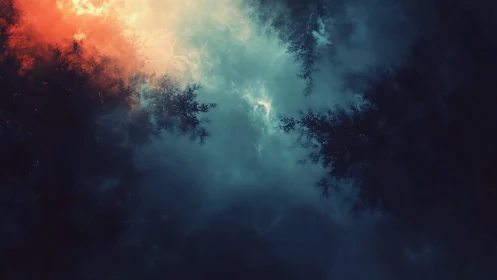 Forested silhouettes under teal storm sky with ember glow.