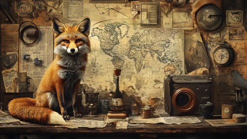 Curious fox explorer in a cozy vintage map-filled studio.
