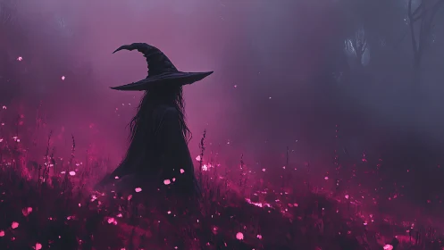 Silhouetted witch figure in misty magenta forest field.