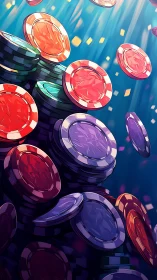 Cascading casino chips drift through radiant blue light