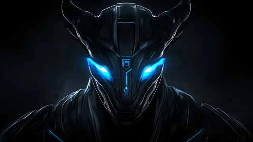 Cybernetic horned entity with glowing blue neon eyes.