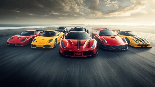 Lineup of exotic sports cars racing on open coastal track.