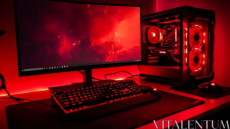 Cozy red gaming battlestation glowing with neon warmth.