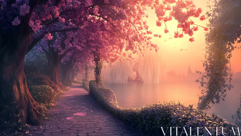 Sunlit blossom path beside a dreamy lakeside at dusk.