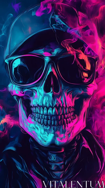 Neon skull portrait with sunglasses in vibrant split lighting.