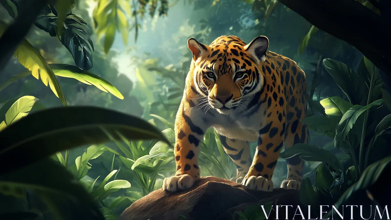 Tiger in Jungle Habitat with Filtered Sunlight