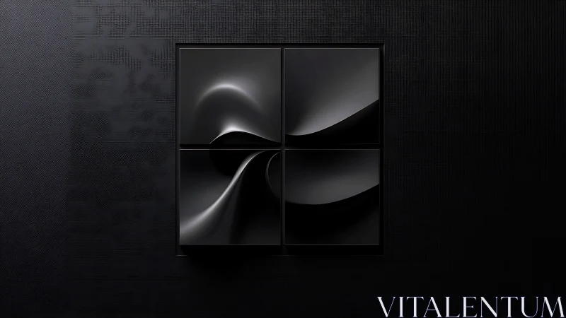 Monochrome quad-panel abstract with sculpted satin curves.