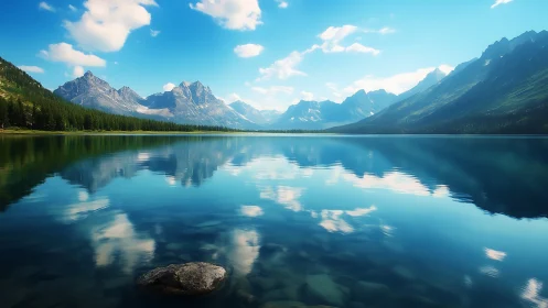 Gentle alpine lake mirrors bright blue sky and quiet mountains