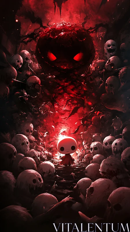 Tiny hero confronts vast red demon in skull-filled cavern.