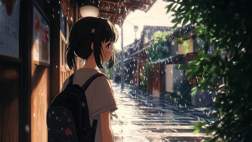 Anime street vignette in rainlit traditional alleyway scene.
