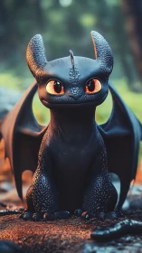 Playful baby dragon sits in glowing forest clearing at dusk