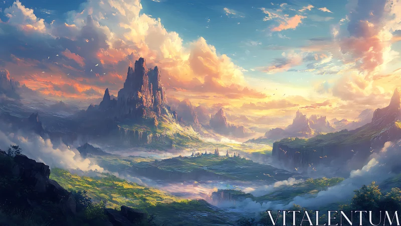 Epic atmospheric fantasy landscape renders luminous mountain realm