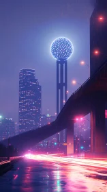 Neon raindrops crown a digital sphere above sleepless streets