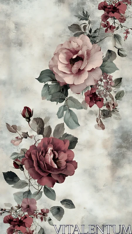 Vintage rose bouquet climbs muted textured background.