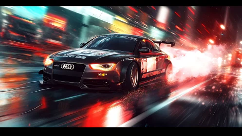 Cyberpunk drift racer in neon-soaked urban nightscape panorama.