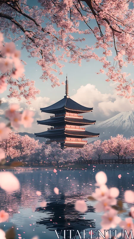 Pagoda and cherry blossoms by reflective lake at sunrise.