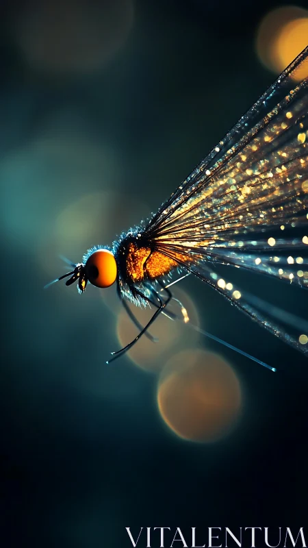 Luminous dragonfly hovers in moody teal and amber light