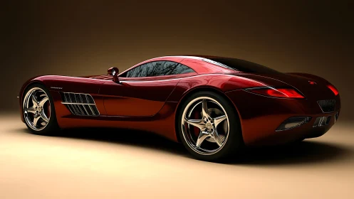 Crimson dream car poised in soft studio spotlight glow.